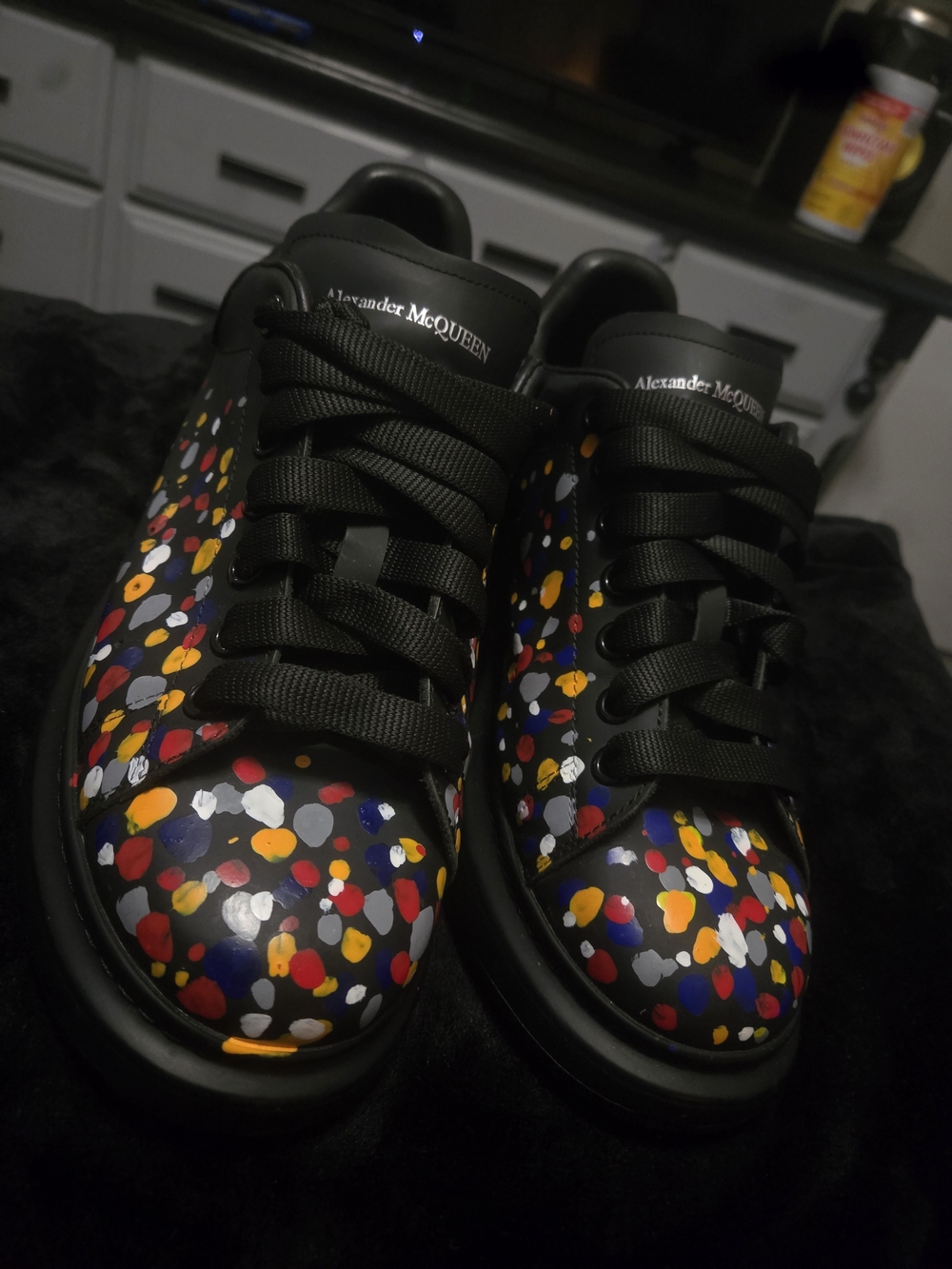 Alexander McQueen Black Leather Sneakers with Multicolor Paint-Spot Design